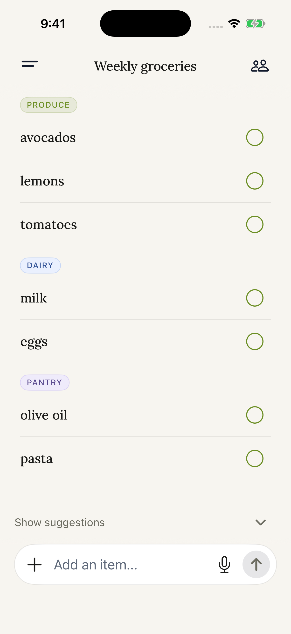 Grocer’s organized grocery list with the add-item controls open.