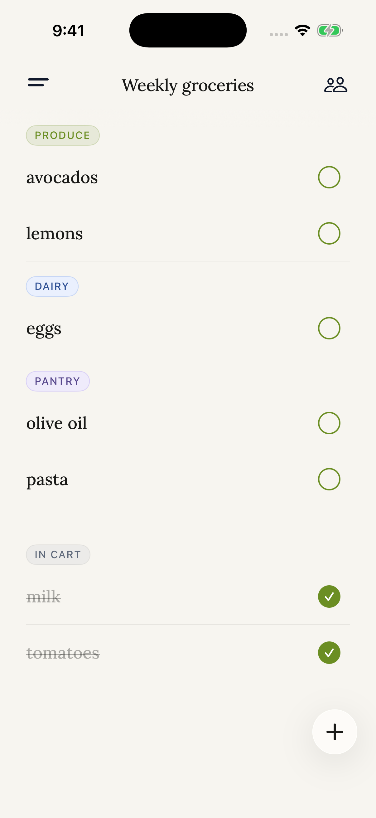 Grocer in shopping mode, with produce and dairy grouped and checked items in the cart.