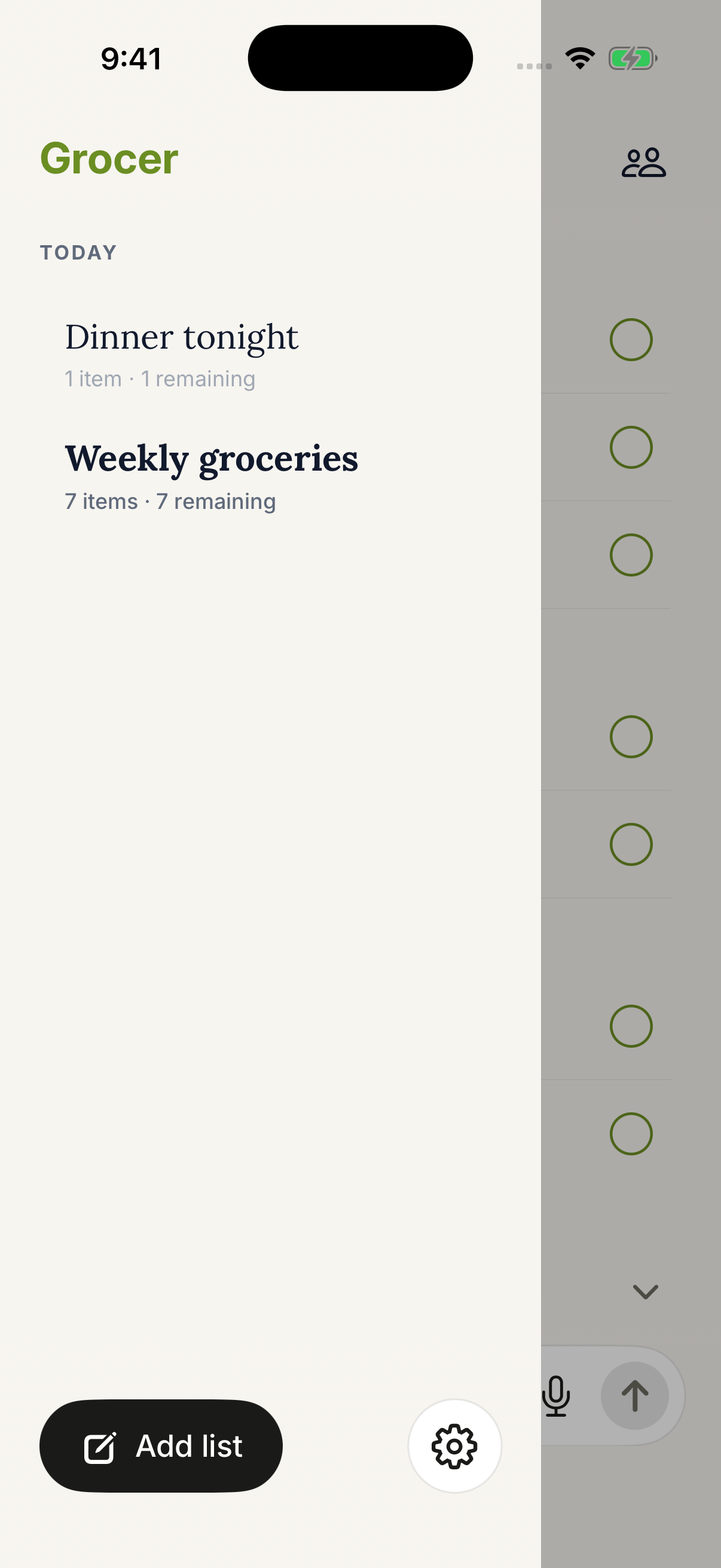 Grocer with the sidebar open, showing Weekly groceries and Dinner tonight lists.