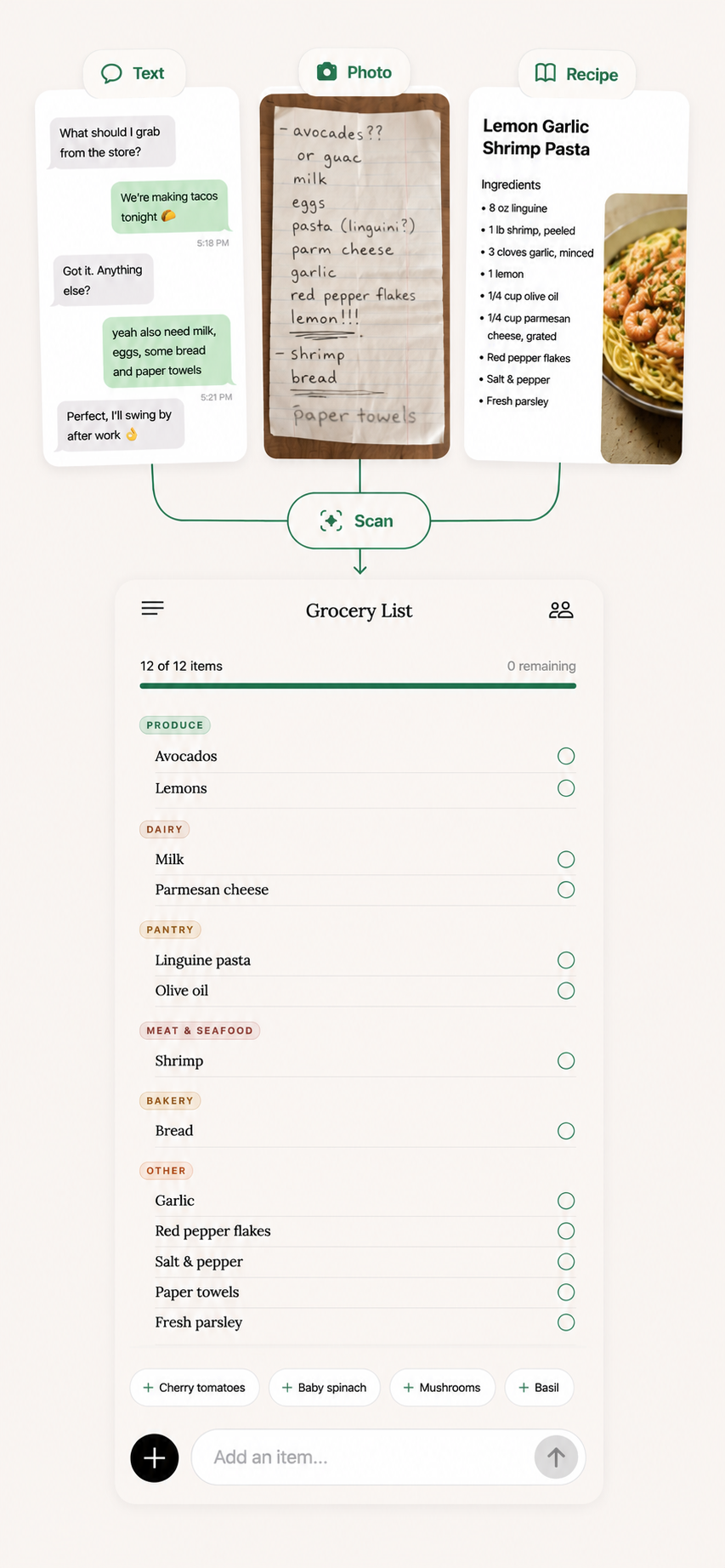 A handwritten list and recipe become a categorized grocery list in Grocer.