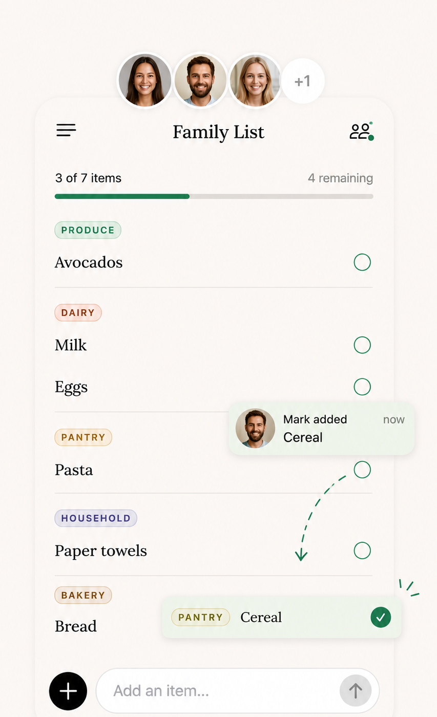 A Grocer family list showing multiple household members and an item added in real time.
